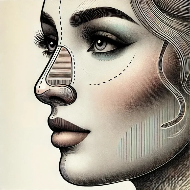 Ilustração de um rosto de perfil com as linhas de análise do nariz